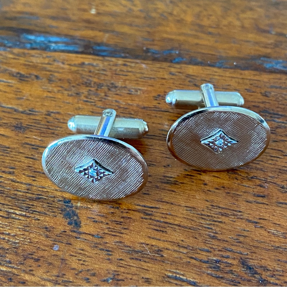 Artisan Gold Tone Oval Cufflinks with Diamond Motif & centre stone